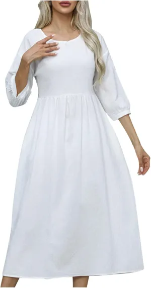 Cotton Linen Midi Dresses Women's Casual Loose Summer Short Sleeve Beach Vacation Dress Trendy Plain Tunic Sundresses