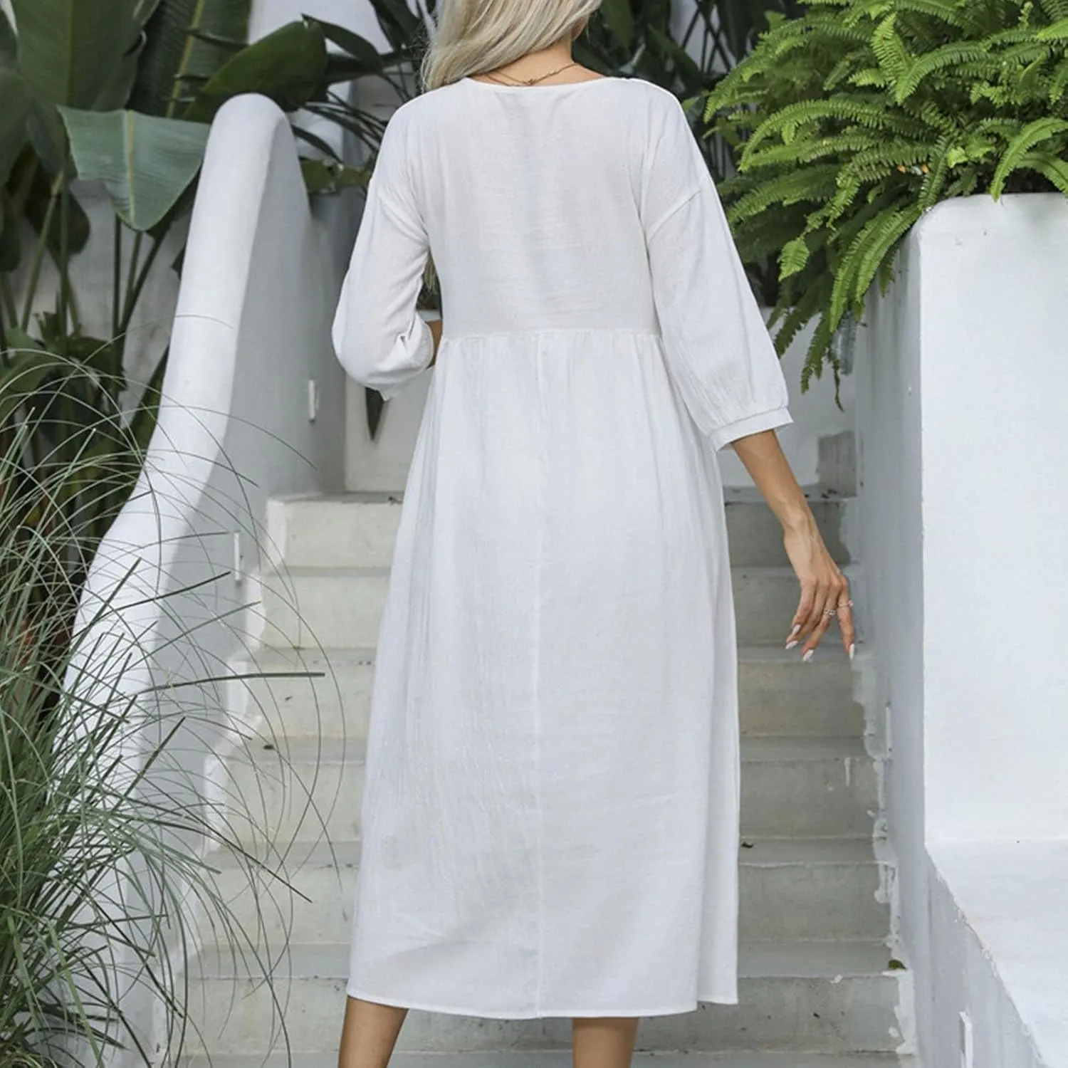 Cotton Linen Midi Dresses Women's Casual Loose Summer Short Sleeve Beach Vacation Dress Trendy Plain Tunic Sundresses