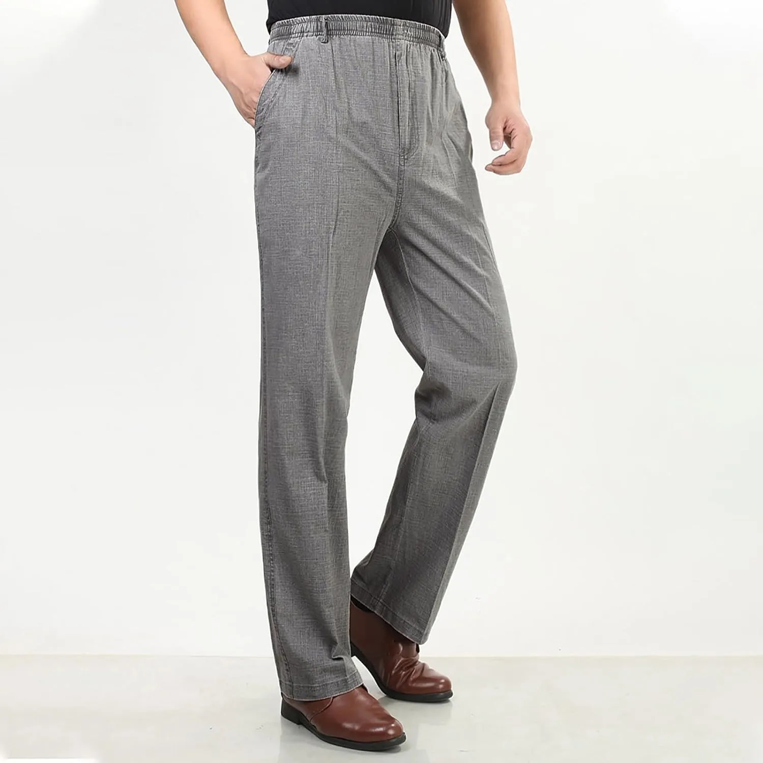 Cotton Linen Pants for Men Elastic Waist Relaxed Fit Casual Business Dress Pant Classic Straight Leg Trousers Pocket