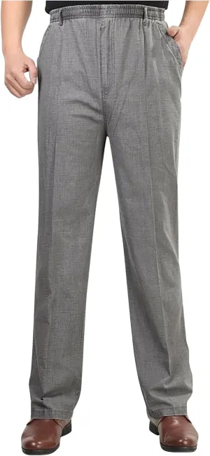 Cotton Linen Pants for Men Elastic Waist Relaxed Fit Casual Business Dress Pant Classic Straight Leg Trousers Pocket