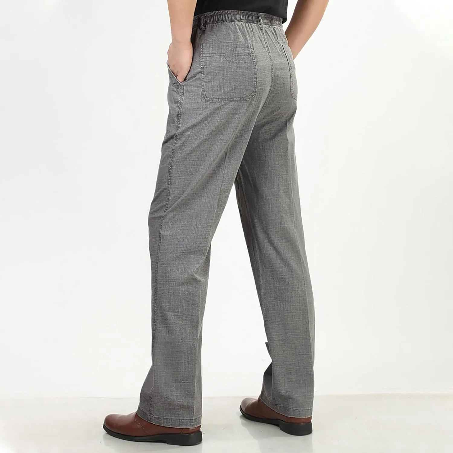 Cotton Linen Pants for Men Elastic Waist Relaxed Fit Casual Business Dress Pant Classic Straight Leg Trousers Pocket