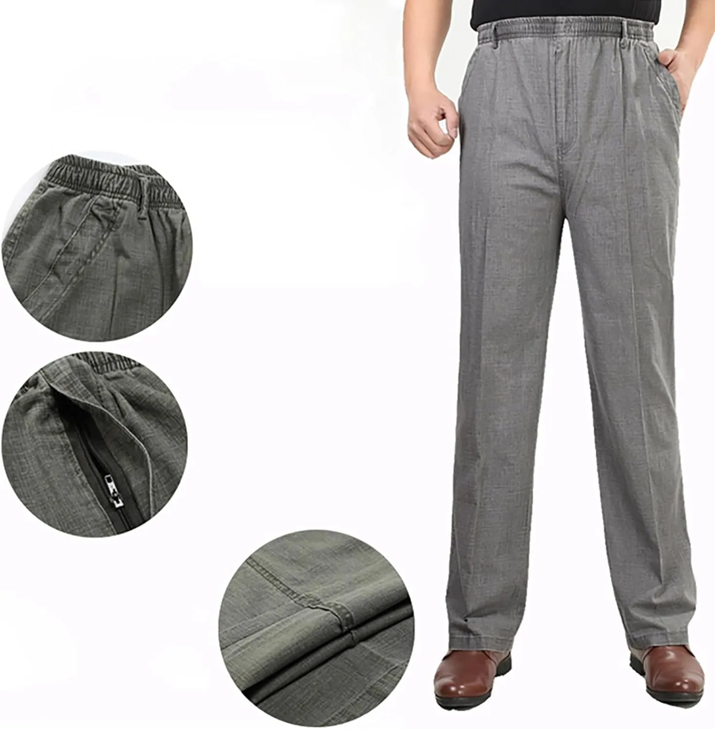 Cotton Linen Pants for Men Elastic Waist Relaxed Fit Casual Business Dress Pant Classic Straight Leg Trousers Pocket