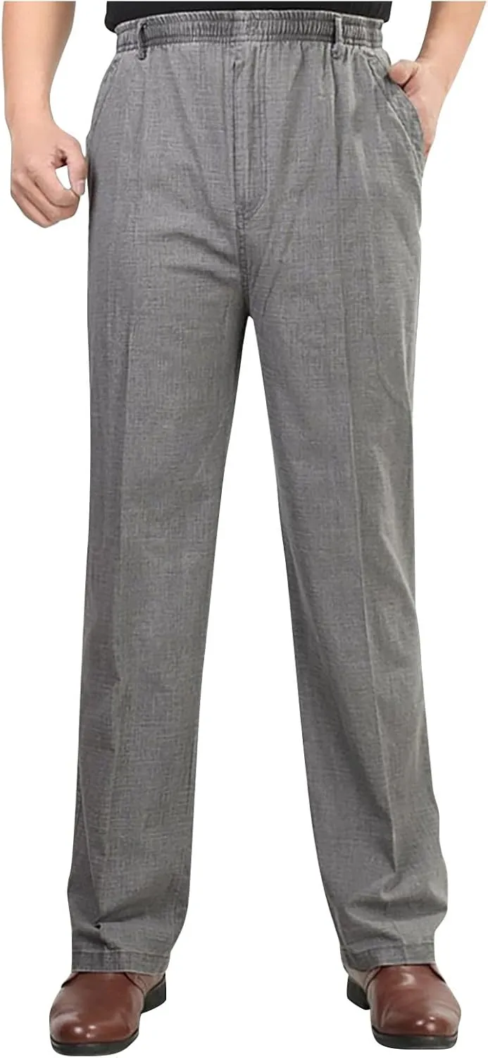 Cotton Linen Pants for Men Elastic Waist Relaxed Fit Casual Business Dress Pant Classic Straight Leg Trousers Pocket