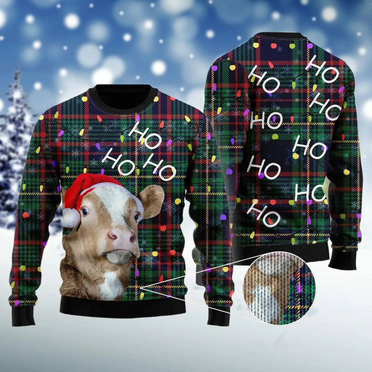 Cow Ho Ho Ho Christmas Light Ugly Sweater