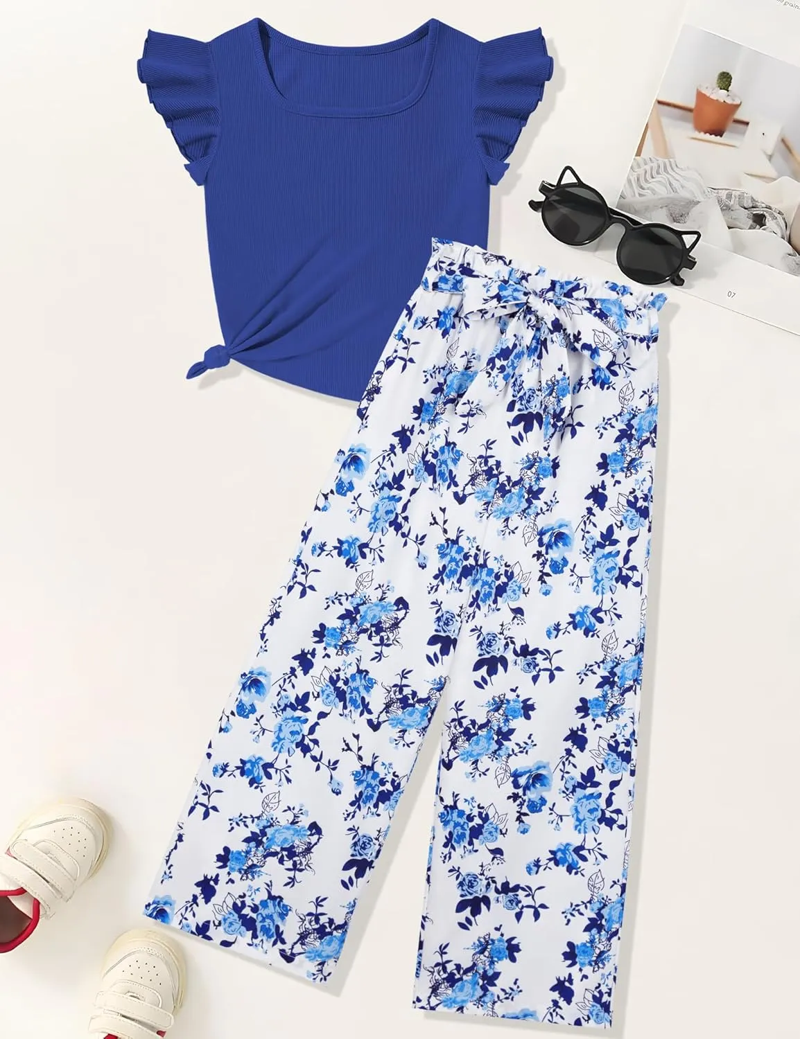 Crazyme Girls Clothes, Teen Girl Clothes Sleeveless Ruffle Trim Tank Top and High Waist Print Pants Summer Clothes 2PC 6-14