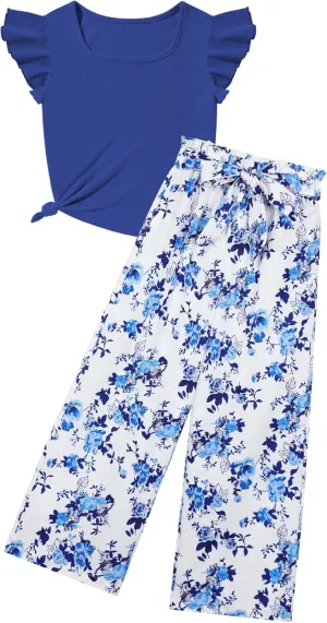 Crazyme Girls Clothes, Teen Girl Clothes Sleeveless Ruffle Trim Tank Top and High Waist Print Pants Summer Clothes 2PC 6-14