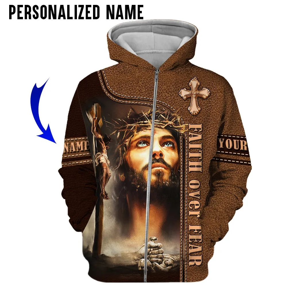 Custom Name Jesus Portrait The Life Of Jesus 3D Hoodies, Faith Over Fair 3D All Over Print Shirt For Christmas, Jesus Gifts Shirt