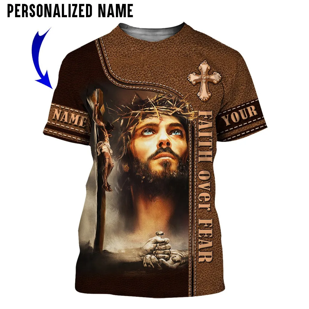 Custom Name Jesus Portrait The Life Of Jesus 3D Hoodies, Faith Over Fair 3D All Over Print Shirt For Christmas, Jesus Gifts Shirt