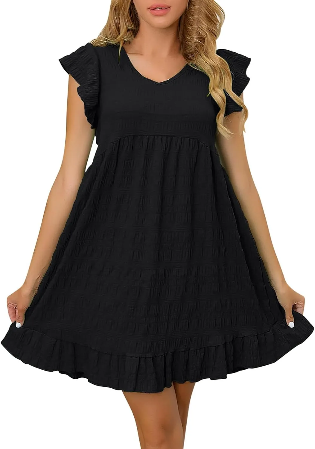 Cute Summer Mini Dress for Women Fashion Ruffle Sleeve Solid Dresses Casual Loose Fit Pleated Beach Vacation Dress