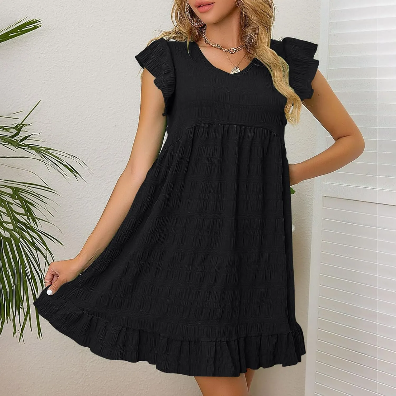 Cute Summer Mini Dress for Women Fashion Ruffle Sleeve Solid Dresses Casual Loose Fit Pleated Beach Vacation Dress