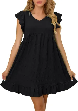 Cute Summer Mini Dress for Women Fashion Ruffle Sleeve Solid Dresses Casual Loose Fit Pleated Beach Vacation Dress