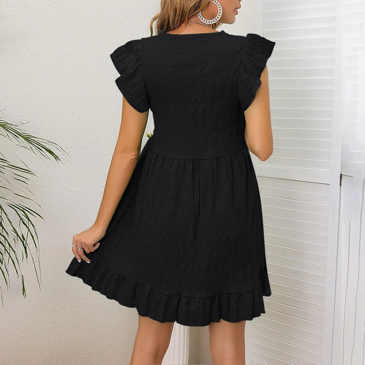 Cute Summer Mini Dress for Women Fashion Ruffle Sleeve Solid Dresses Casual Loose Fit Pleated Beach Vacation Dress