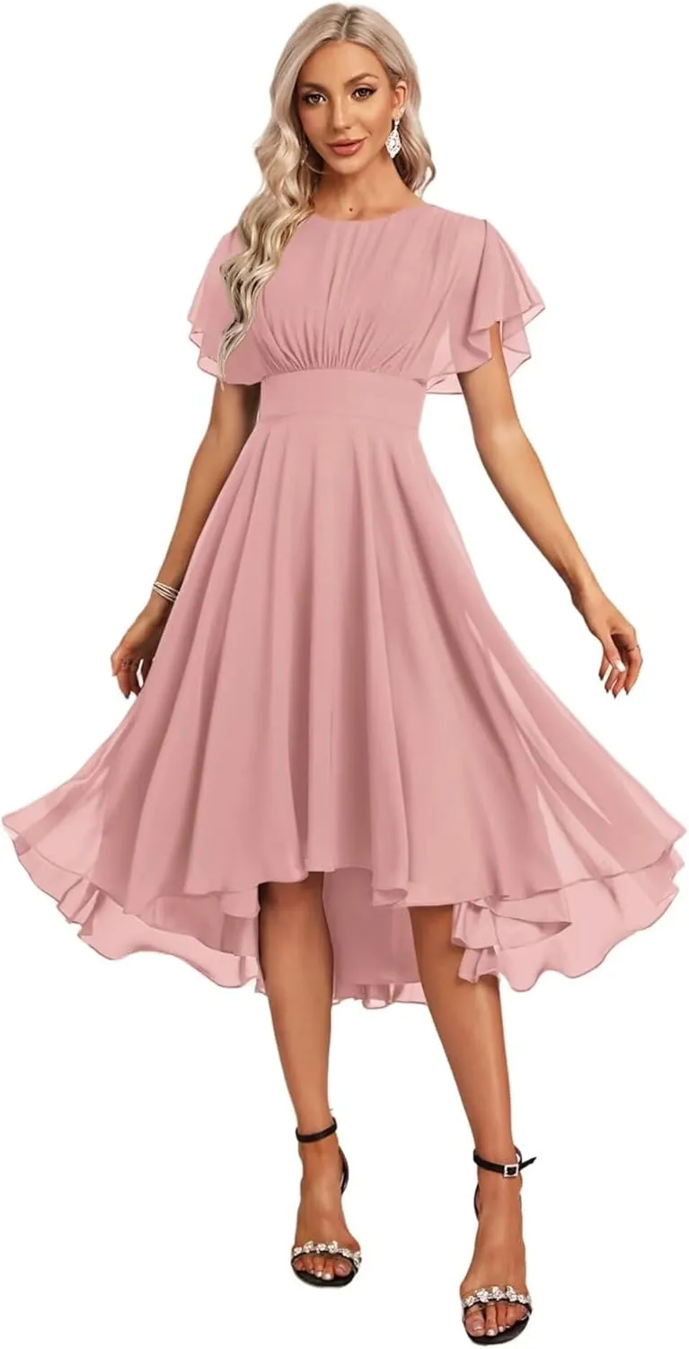 DREAMIND Women's Bridesmaid Dresses for Wedding with Ruffle Sleeves High Low Chiffon Formal Party Gown
