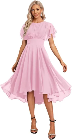 DREAMIND Women's Bridesmaid Dresses for Wedding with Ruffle Sleeves High Low Chiffon Formal Party Gown