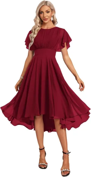 DREAMIND Women's Bridesmaid Dresses for Wedding with Ruffle Sleeves High Low Chiffon Formal Party Gown