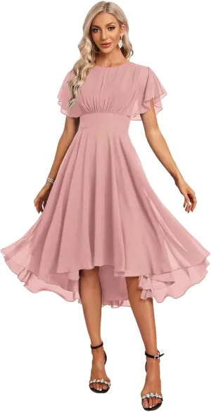 DREAMIND Women's Bridesmaid Dresses for Wedding with Ruffle Sleeves High Low Chiffon Formal Party Gown