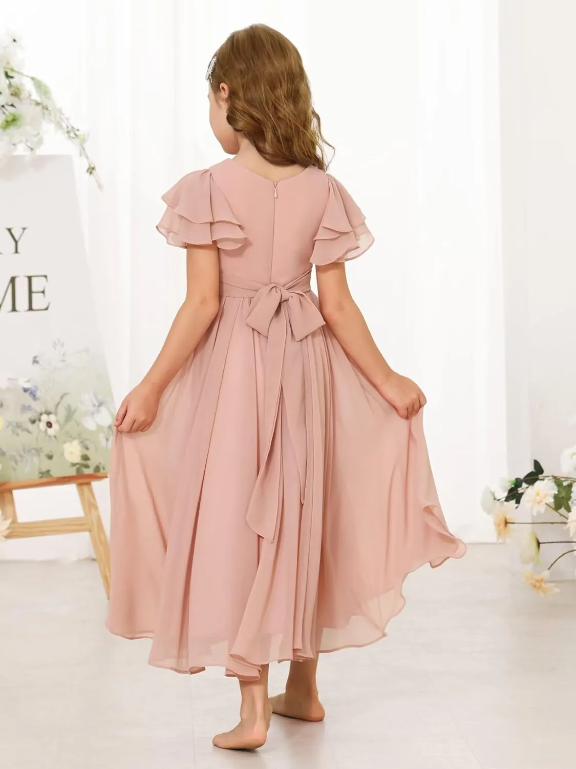 Dresses for Girls Ruffle Sleeve Flower Girl Dress Chiffon Toddler Pretty Wedding Party Bridesmaids Maxi Dress