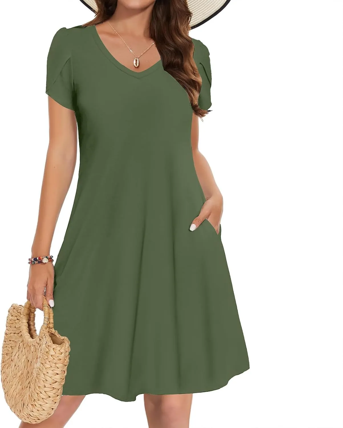 Dresses for Women 2025 Boho Vacation Beach Dress V Neck A Line Dress Loose Flowy Petal Sleeve Midi Dress with Pockets