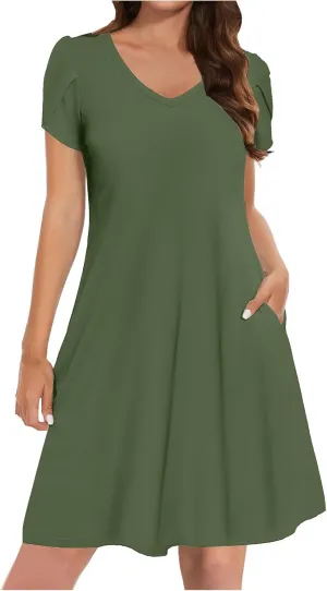 Dresses for Women 2025 Boho Vacation Beach Dress V Neck A Line Dress Loose Flowy Petal Sleeve Midi Dress with Pockets