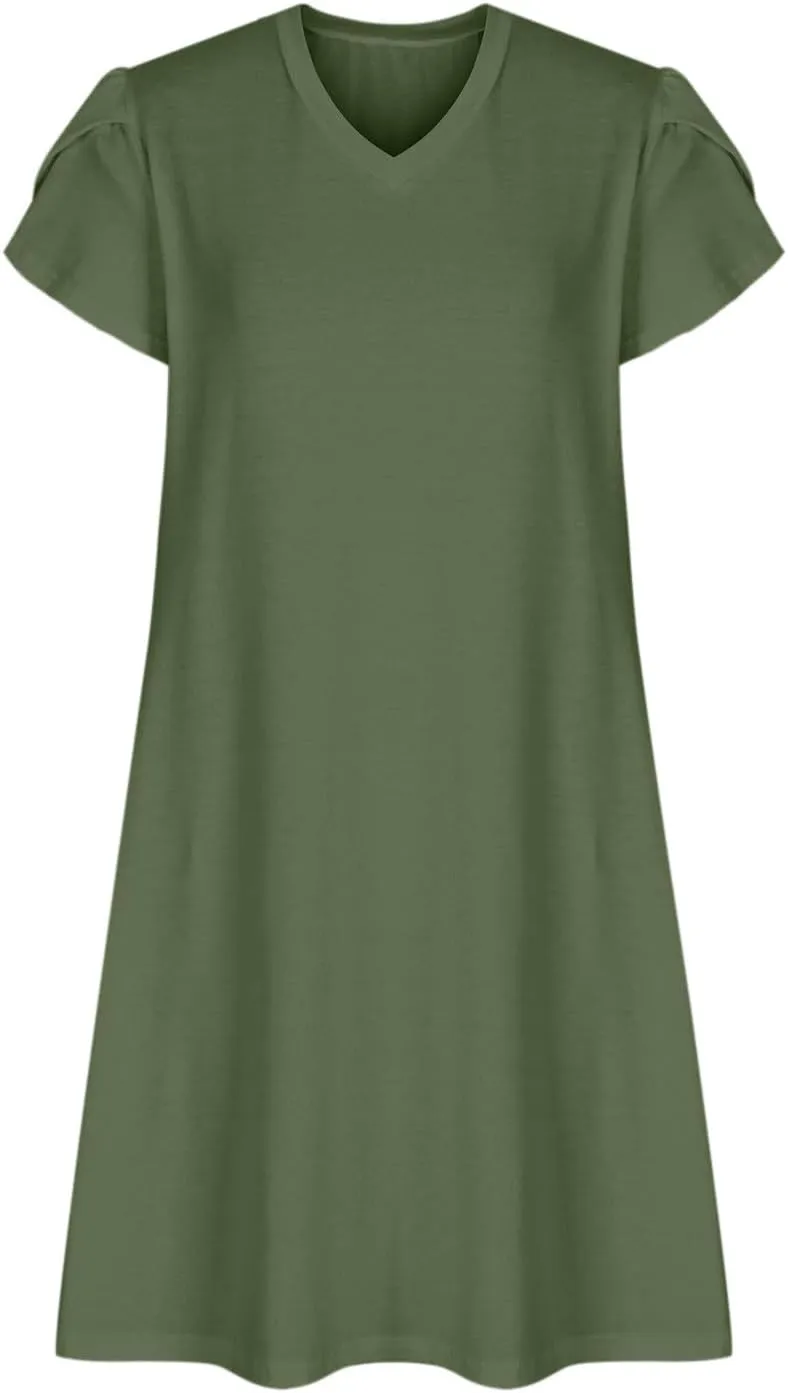 Dresses for Women 2025 Boho Vacation Beach Dress V Neck A Line Dress Loose Flowy Petal Sleeve Midi Dress with Pockets
