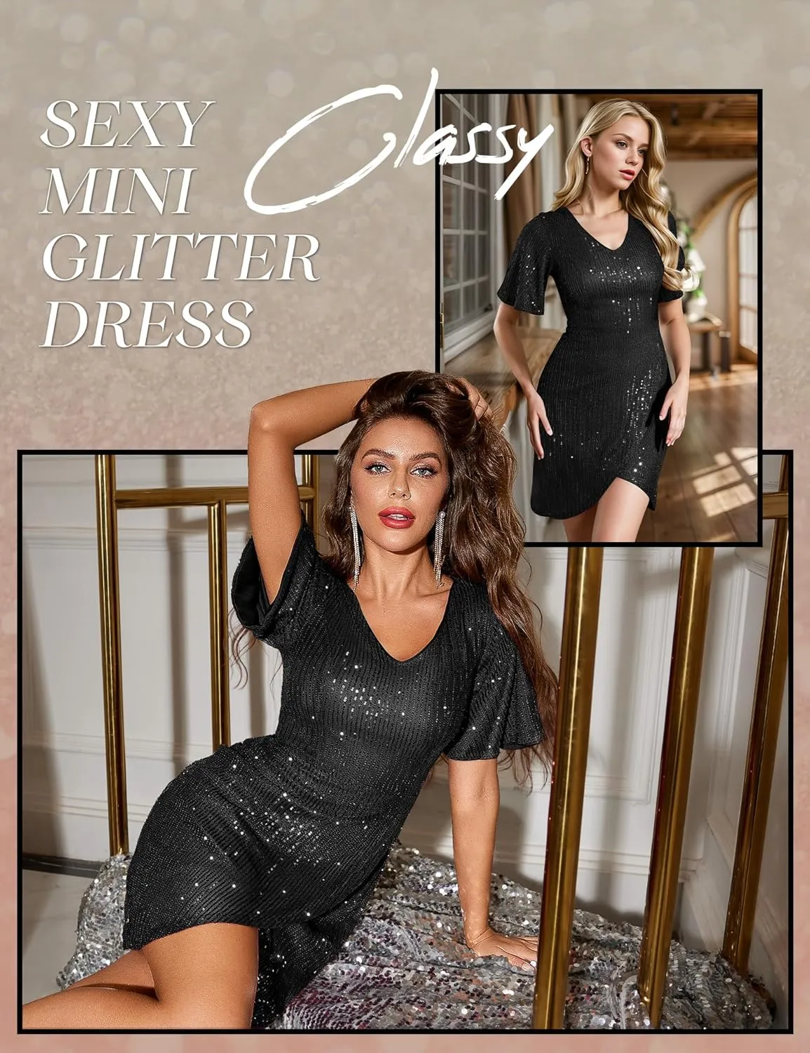 Dressystar Women Sequin Cocktail V Neck Dress Prom Sparkly Bodycon Short Sleeve Sexy Mini Glitter Party Club Dresses