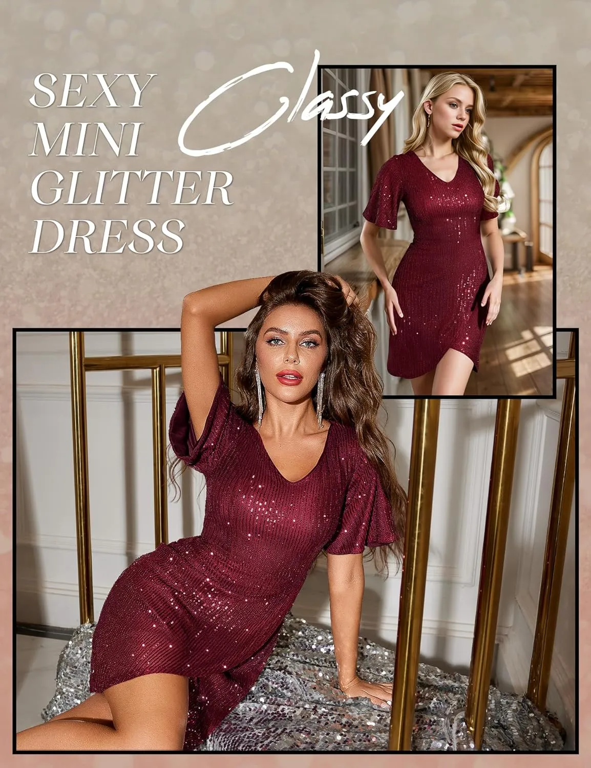 Dressystar Women Sequin Cocktail V Neck Dress Prom Sparkly Bodycon Short Sleeve Sexy Mini Glitter Party Club Dresses