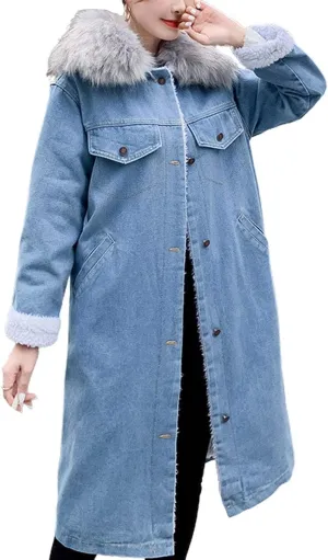 ebossy Women's Sherpa Lined Long Denim Jacket with Removable Faux Fur Collar