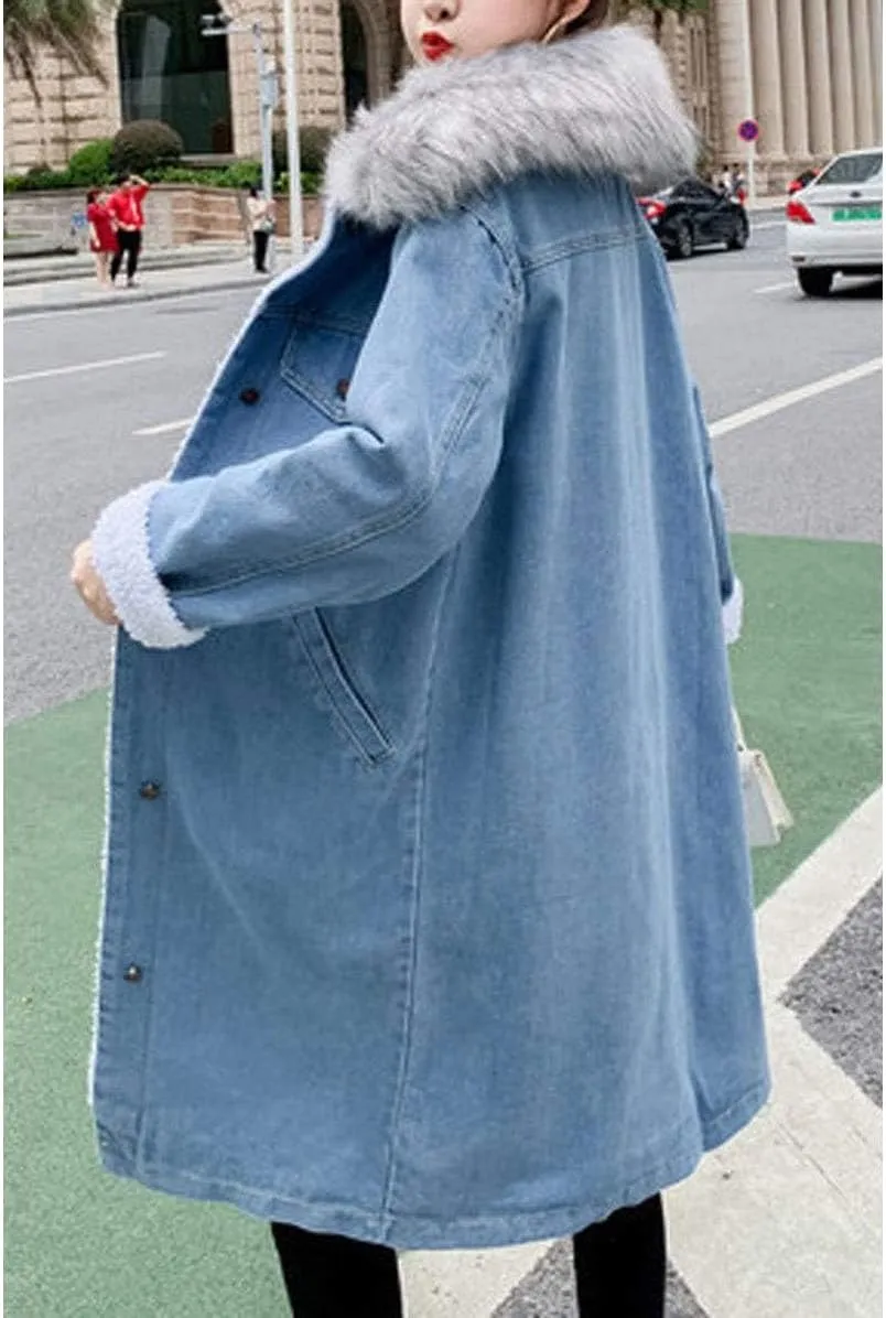 ebossy Women's Sherpa Lined Long Denim Jacket with Removable Faux Fur Collar