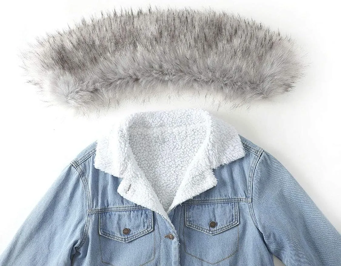 ebossy Women's Sherpa Lined Long Denim Jacket with Removable Faux Fur Collar