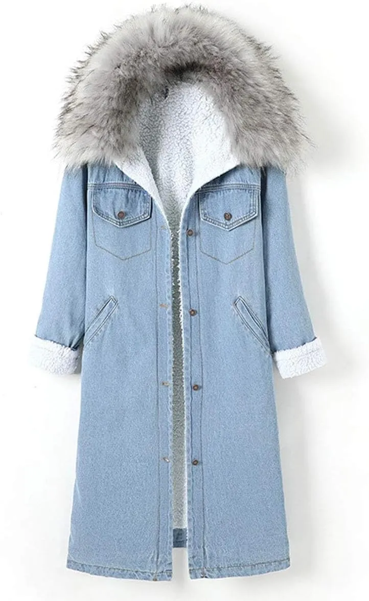 ebossy Women's Sherpa Lined Long Denim Jacket with Removable Faux Fur Collar