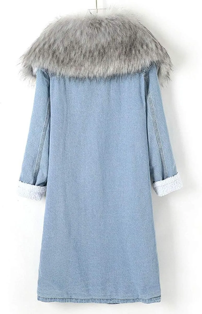 ebossy Women's Sherpa Lined Long Denim Jacket with Removable Faux Fur Collar