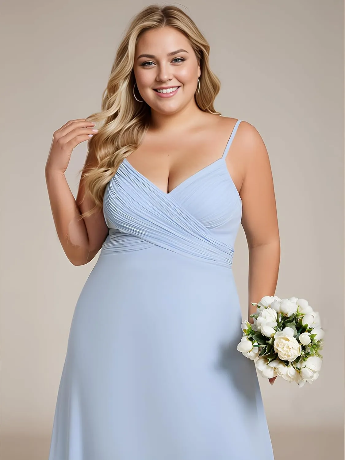 Ever-Pretty Women's Summer Chiffon Pleated Plus Size Bridesmaid Dresses Sleeveless Formal Gown with Spaghetti Straps