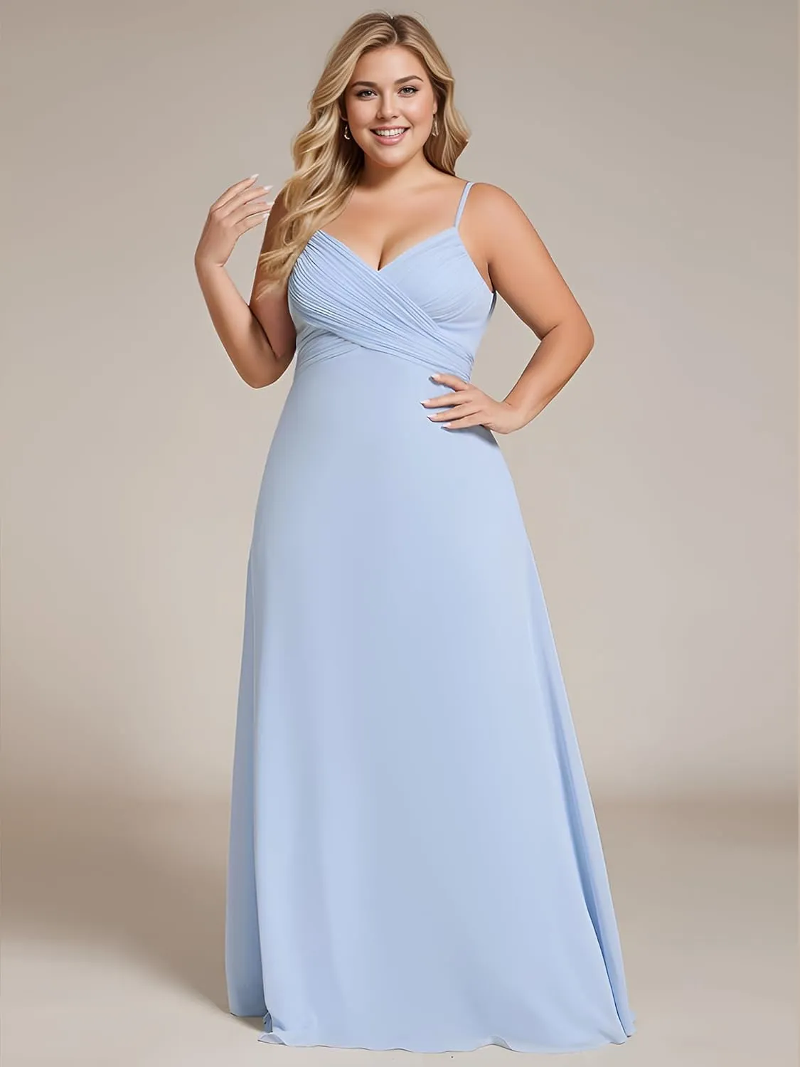 Ever-Pretty Women's Summer Chiffon Pleated Plus Size Bridesmaid Dresses Sleeveless Formal Gown with Spaghetti Straps