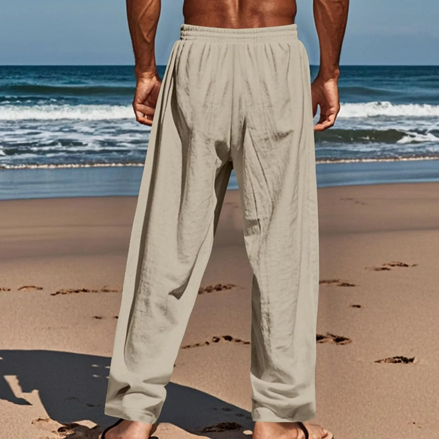 Finelylove Mens Casual Summer Linen Pants Relaxed Fit Button Beach Pants Elastic Waist Drawstring Long Lounge Yoga Trousers