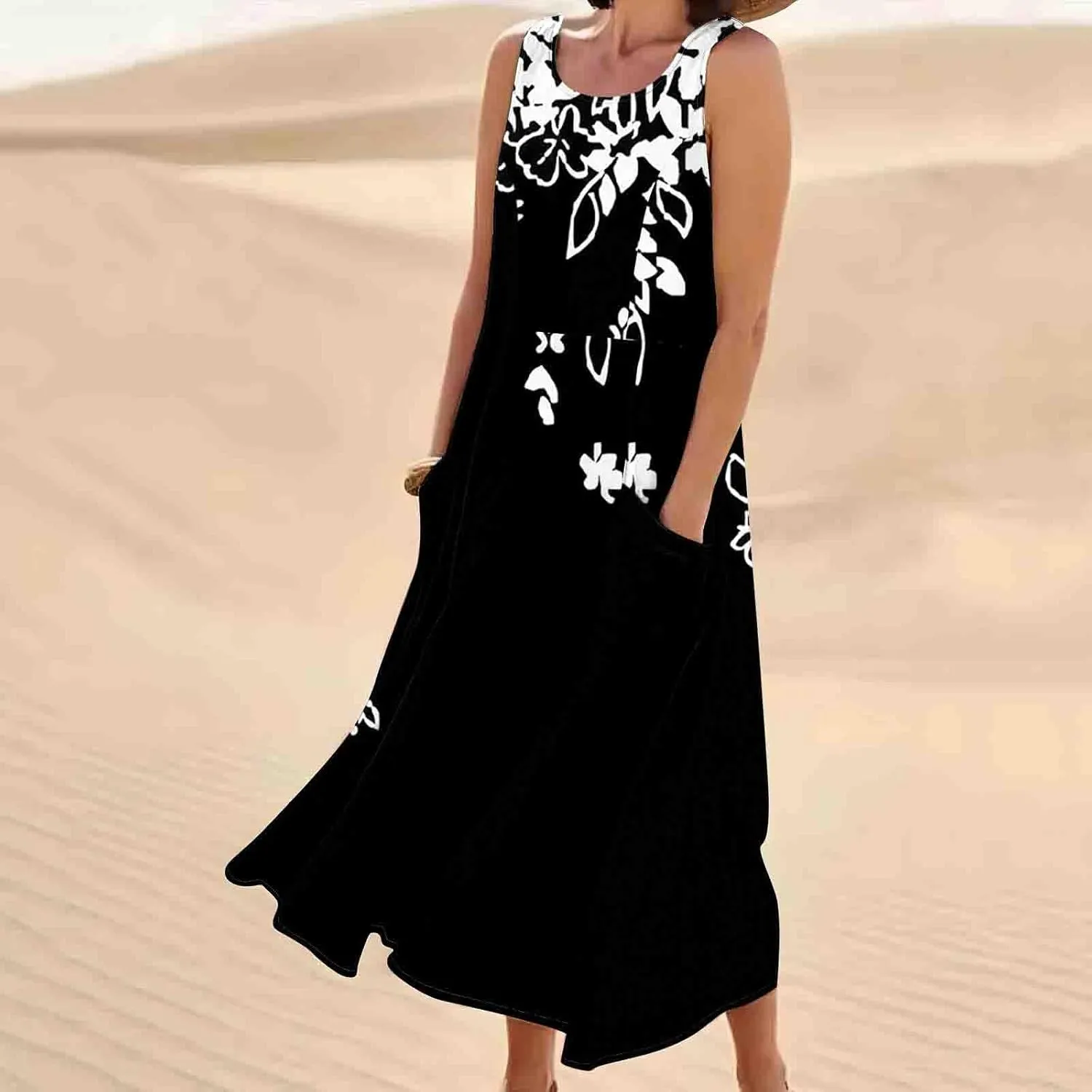 Finelylove Womens Summer Casual Maxi Dress 2025 Sleeveless Tank Dress Boho Floral Linen Summer Dress Beach Long Sundress