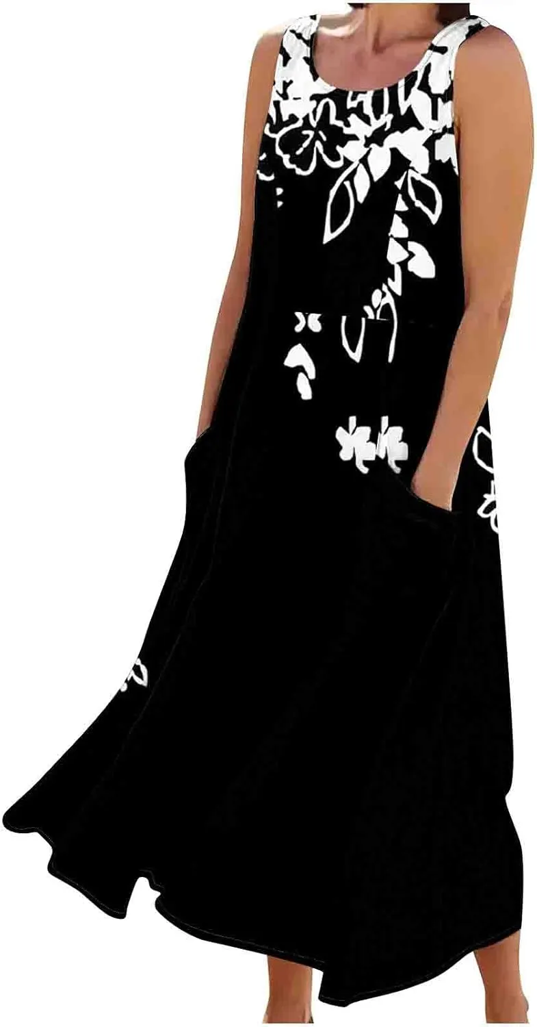 Finelylove Womens Summer Casual Maxi Dress 2025 Sleeveless Tank Dress Boho Floral Linen Summer Dress Beach Long Sundress