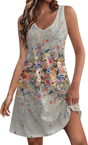 FlekmanArt Summer Dresses for Women 2025 A-Line Printing Tank Dresses V Neck Sleeveless Vacation Minidresses Beach Sundresses