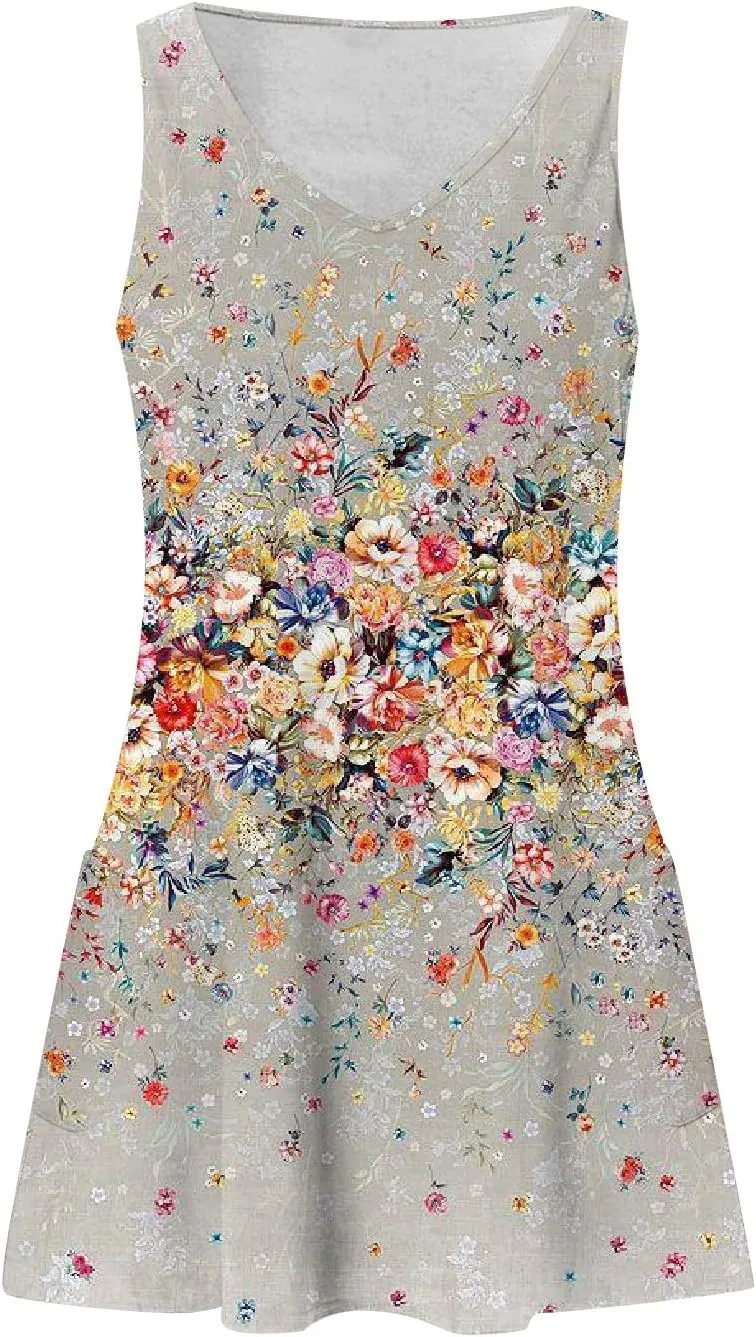 FlekmanArt Summer Dresses for Women 2025 A-Line Printing Tank Dresses V Neck Sleeveless Vacation Minidresses Beach Sundresses