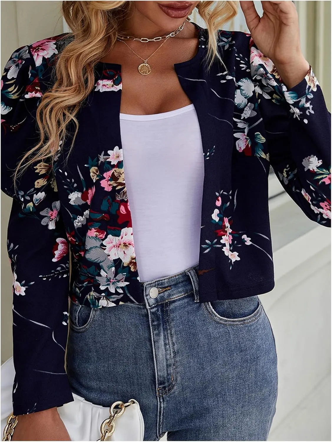 Floerns Women's Floral Print Gigot Long Sleeve Coat Open Front Cropped Jacket Outwear