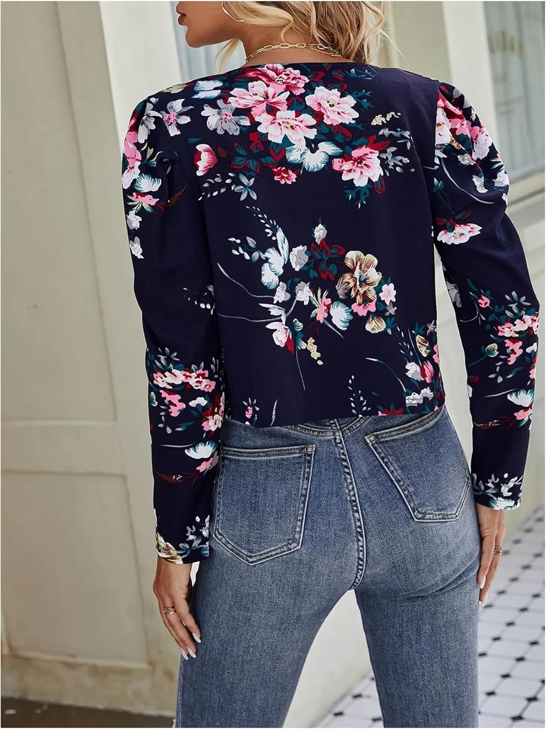 Floerns Women's Floral Print Gigot Long Sleeve Coat Open Front Cropped Jacket Outwear