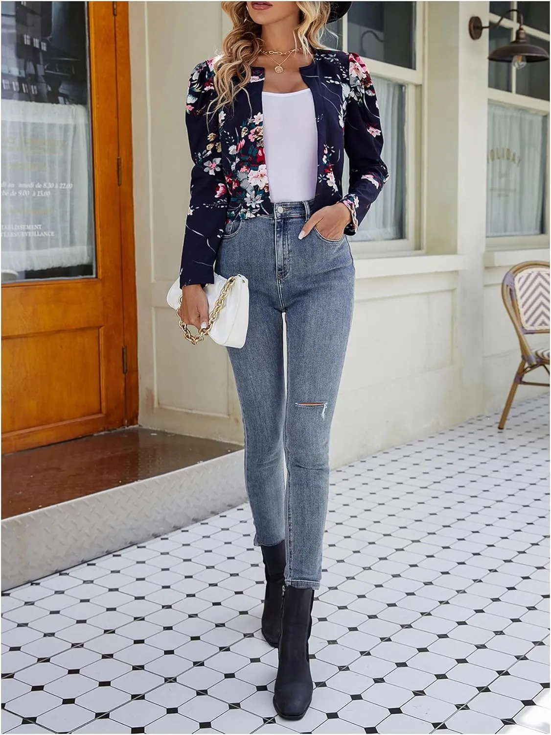 Floerns Women's Floral Print Gigot Long Sleeve Coat Open Front Cropped Jacket Outwear