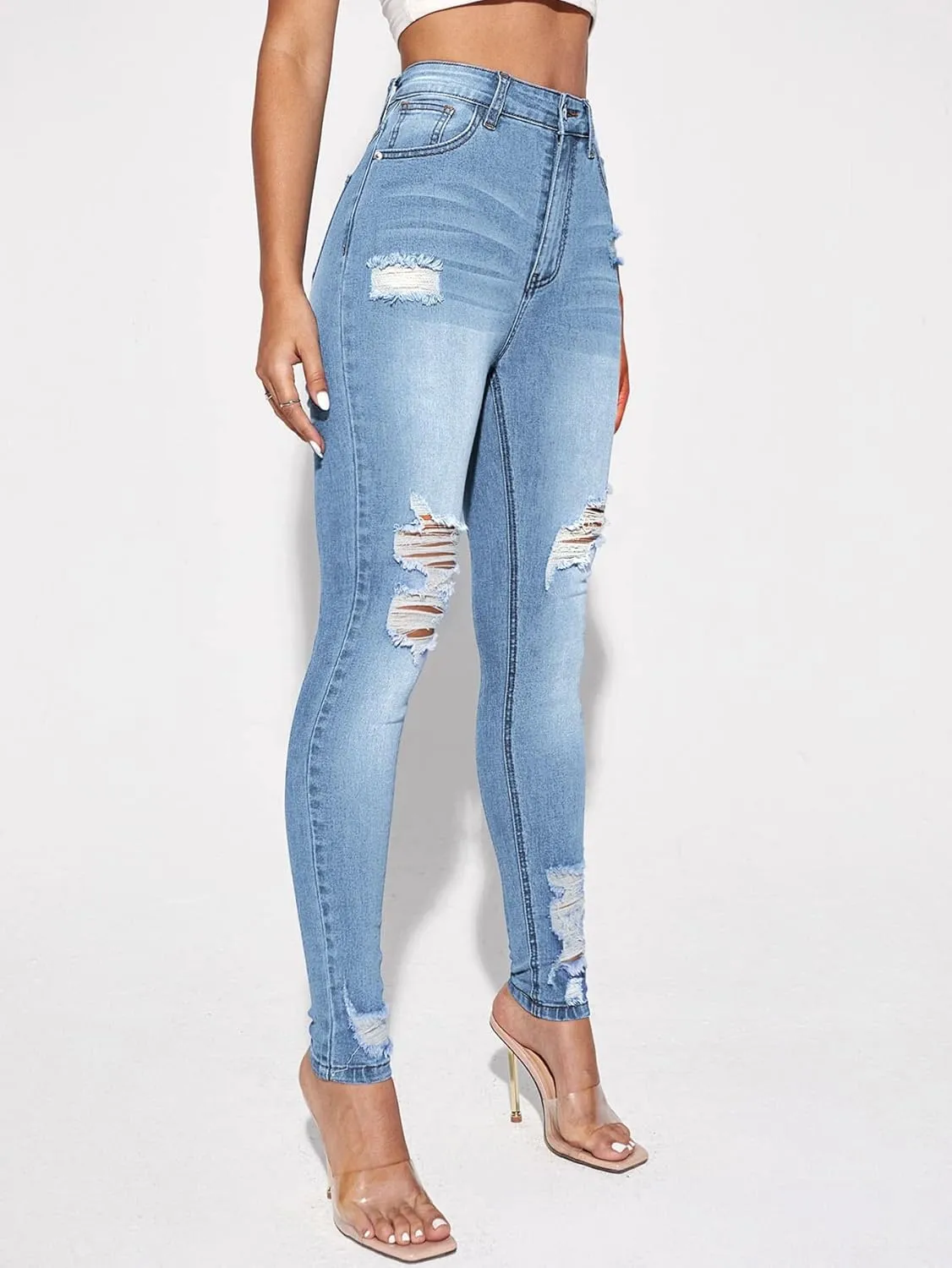 Floerns Women's Ripped High Waist Skinny Jeans Distressed Stretchy Curvy Denim Pants