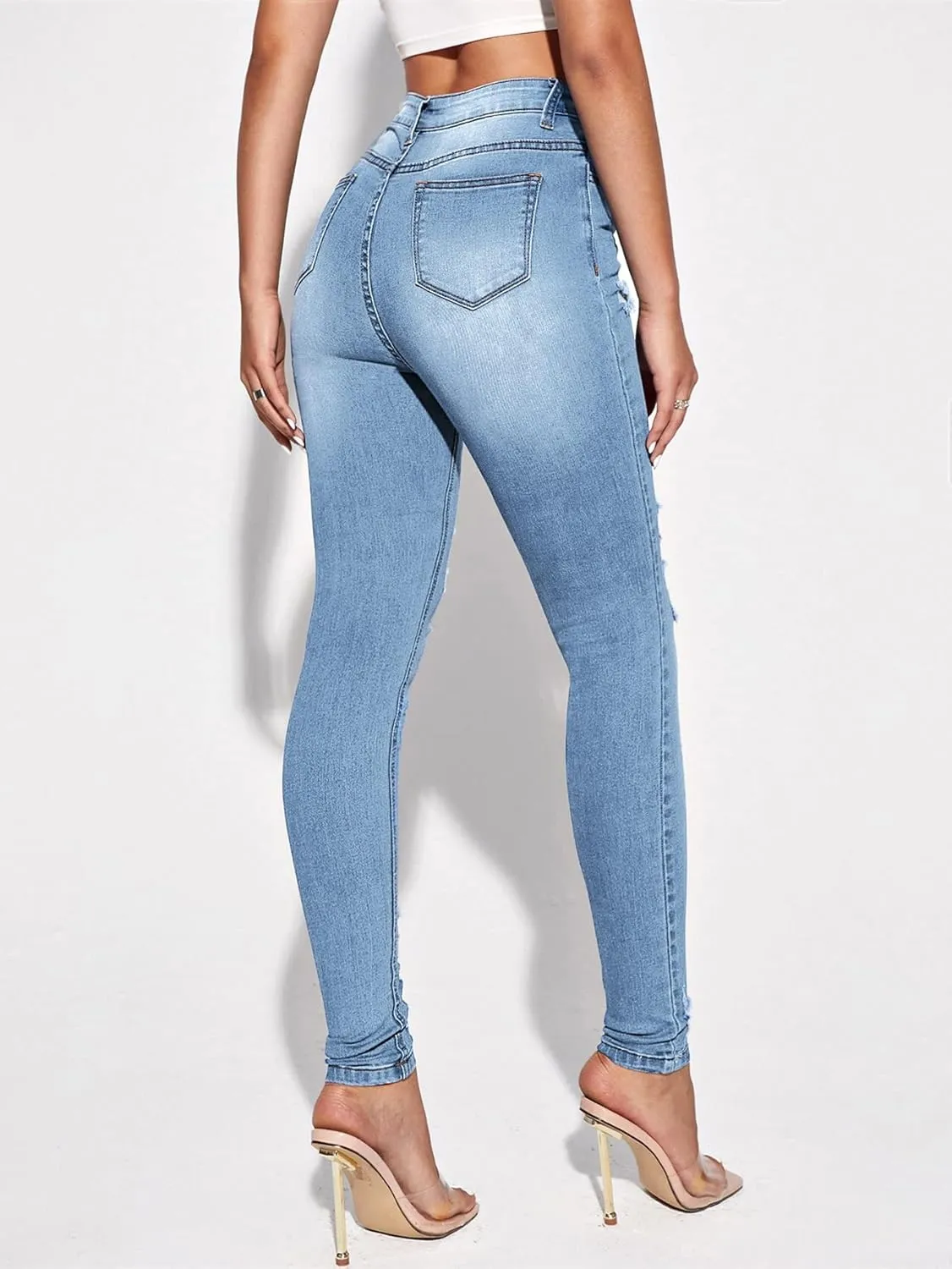 Floerns Women's Ripped High Waist Skinny Jeans Distressed Stretchy Curvy Denim Pants