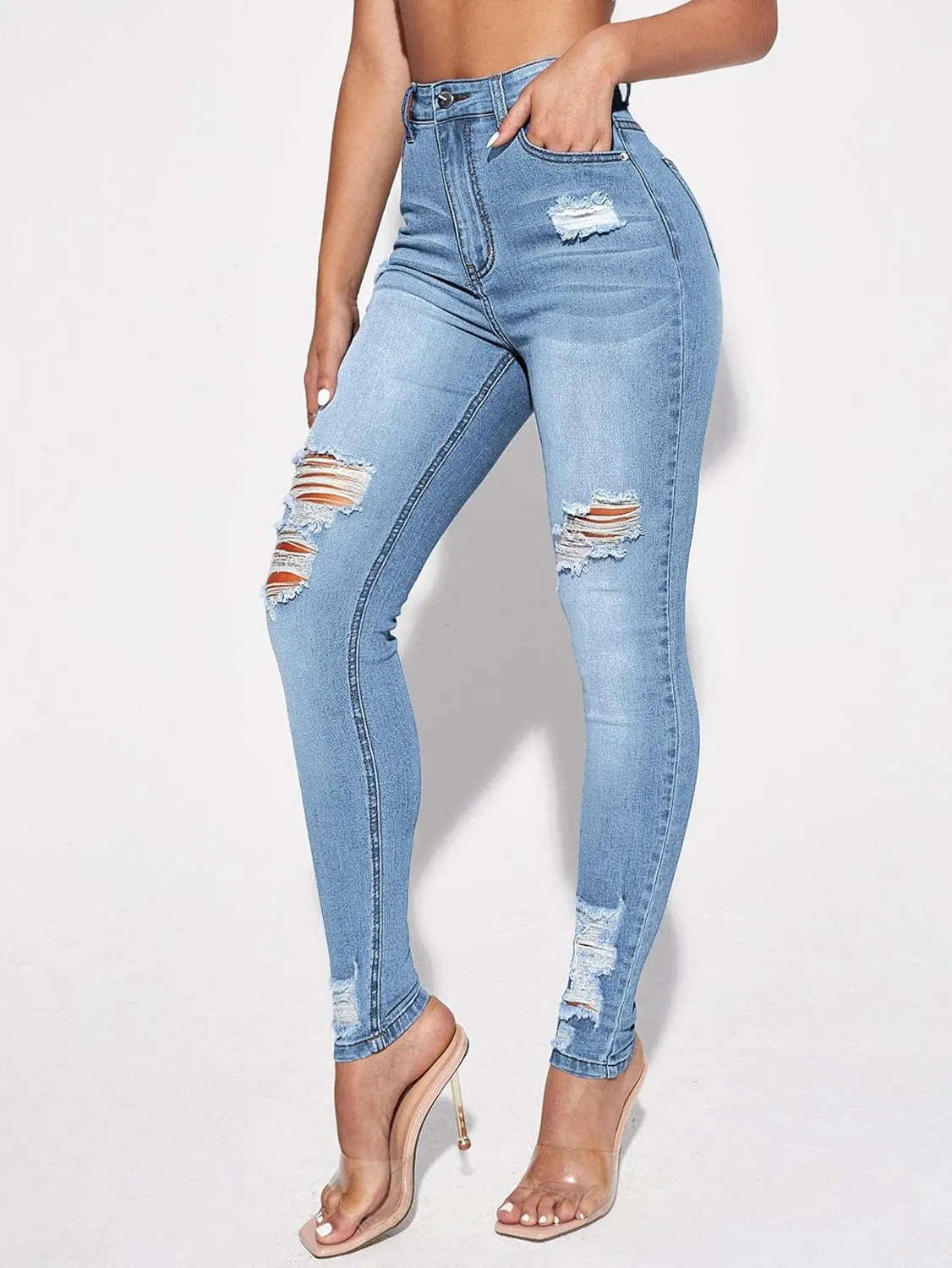 Floerns Women's Ripped High Waist Skinny Jeans Distressed Stretchy Curvy Denim Pants