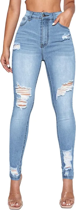 Floerns Women's Ripped High Waist Skinny Jeans Distressed Stretchy Curvy Denim Pants