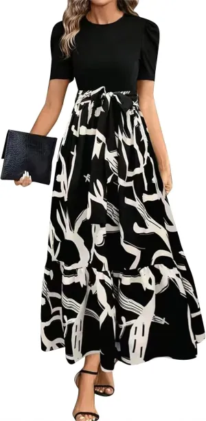 Floral Dress for Women Summer Puff Sleeve Patchwork Empire Waist Maxi Dresses Graduation Belt Crewneck Boho Sundress