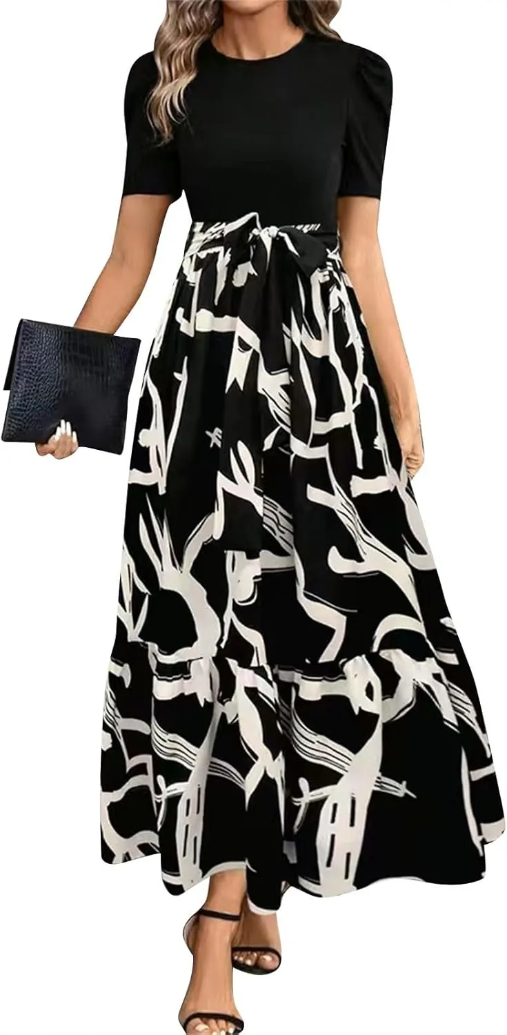 Floral Dress for Women Summer Puff Sleeve Patchwork Empire Waist Maxi Dresses Graduation Belt Crewneck Boho Sundress