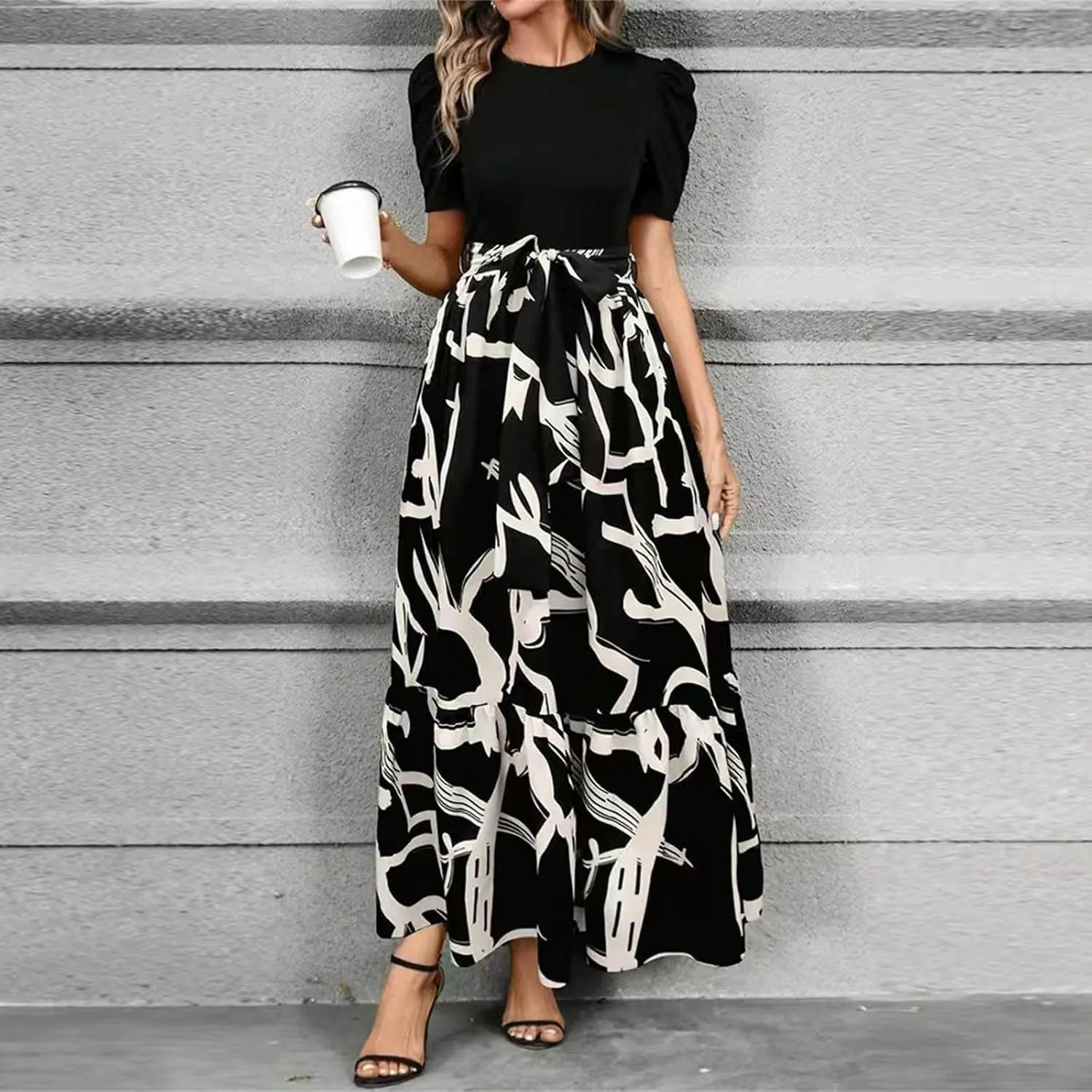 Floral Dress for Women Summer Puff Sleeve Patchwork Empire Waist Maxi Dresses Graduation Belt Crewneck Boho Sundress