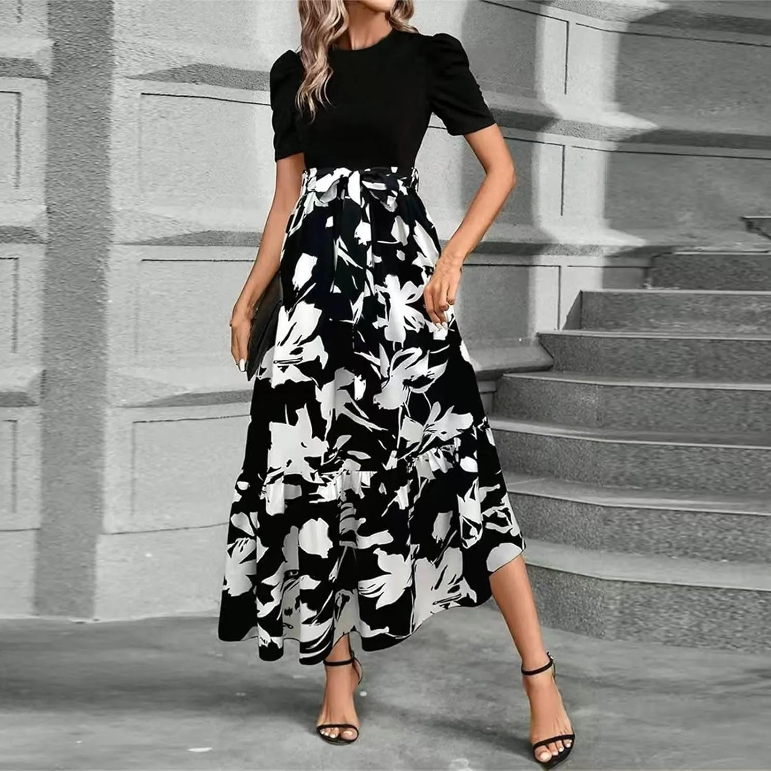 Floral Dress for Women Summer Puff Sleeve Patchwork Empire Waist Maxi Dresses Graduation Belt Crewneck Boho Sundress