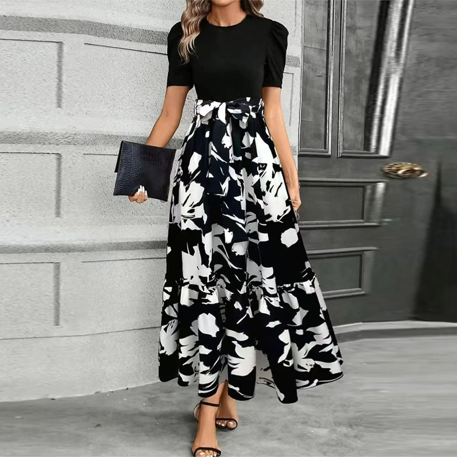 Floral Dress for Women Summer Puff Sleeve Patchwork Empire Waist Maxi Dresses Graduation Belt Crewneck Boho Sundress